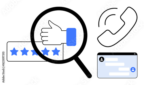 Magnifying glass over thumbs-up, five-star rating, phone icon, and chat window. Ideal for customer support, service quality, feedback, communication, user satisfaction evaluation simple landing