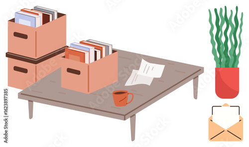 Books in storage boxes on a wooden table, coffee mug, documents, potted plant, and envelope. Ideal for productivity, organization, study minimalism home office creativity and workspace design. A