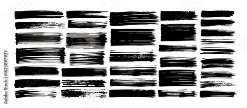 Collection of Black Ink Brush Strokes, Grunge Texture, Abstract Design Elements