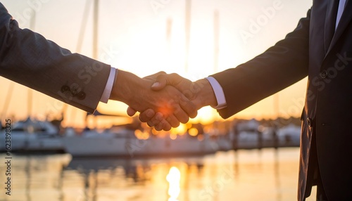 Business handshake at sunset by marina