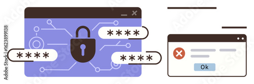 Locked interface with password fields, circuit pattern lock icon, login failure popup box. Ideal for cybersecurity, authentication, digital safety, online protection, hacking alert, user access