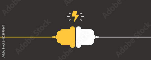 Electric socket with a plug. Connection and disconnection concept. Concept of 404 error connection. Electric plug and outlet socket unplugged. Wire, cable of energy disconnect