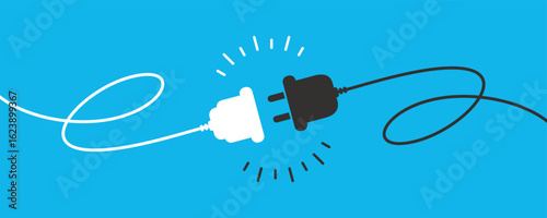 Electric socket with a plug. Connection and disconnection concept. Concept of 404 error connection. Electric plug and outlet socket unplugged. Wire, cable of energy disconnect