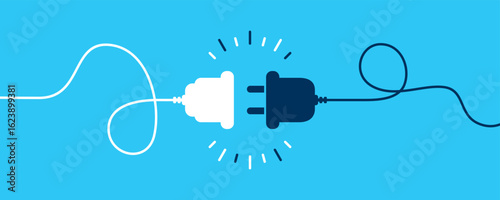 Electric socket with a plug. Connection and disconnection concept. Concept of 404 error connection. Electric plug and outlet socket unplugged. Wire, cable of energy disconnect