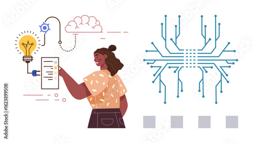 Female figure exploring technology and innovation concepts. Features lightbulb, circuit lines, and interface. Ideal for creativity, AI, ideas, digital progress, problem-solving learning teamwork