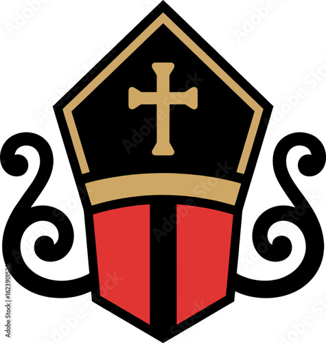 Red and Black Bishop Mitre Vector Illustration with Gold Cross – Catholic Religious Headwear Symbol Icon