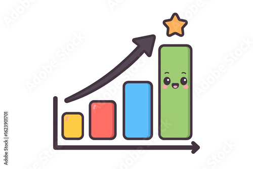 Cute cartoon growth chart with smiling bars and upward arrow project success chart