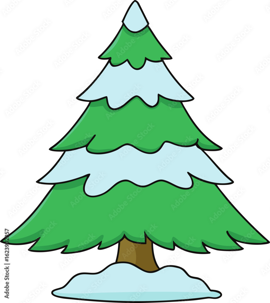 Fototapeta premium Cartoon christmas tree covered in snow isolated on transparent background