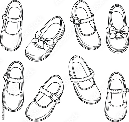 Adorable girls' Mary Jane shoes collection, stylish buckle and bow designs, cute footwear illustration, fashion accessory, comfortable, perfect for stock use