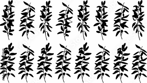 Silhouette pattern of multiple leafy branches arranged in a repeating grid like formation design art