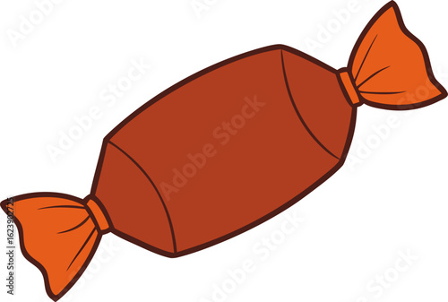 Simple illustration of a brown candy wrapped in orange paper isolated on transparent background