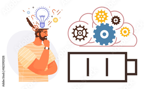 Thoughtful man surrounded by creativity elements thumbs up lightbulb, gears in cloud, low battery sign. Ideal for innovation, brainstorming, productivity, energy, problem-solving, fatigue