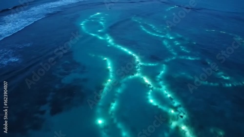 Aerial view of bioluminescent waves on a tropical beach, showcasing the mesmerizing glow of marine microorganisms in the dark ocean water at night
