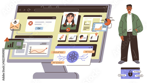 Computer monitor displaying security alerts, data graphs, code snippets, and online interactions. Male figure, email lock, and phishing icons present. Ideal for cybersecurity, online safety data
