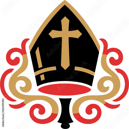 Elegant Bishop Mitre Vector Illustration with Gold Cross and Ornamental Red Swirls – Catholic Religious Symbol Design