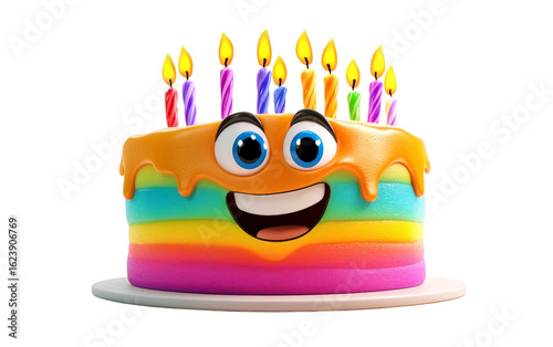 Bright birthday cake emoji with colorful frosting and lit candles in a festive style isolated on transparent background PNG