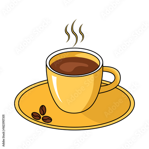 Yellow Coffee Cup on Saucer – Vector Illustration. Simple, clean, and vibrant design, ideal for cafe menus, beverage promotions, breakfast themes, and coffee shop branding.