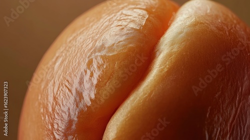 Close-up of a baked apricot bun, golden texture, shallow depth of field, blurred background