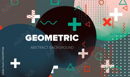 Abstract geometric background with a pattern of bold, colorful shapes and symbols. Perfect for presentation design.