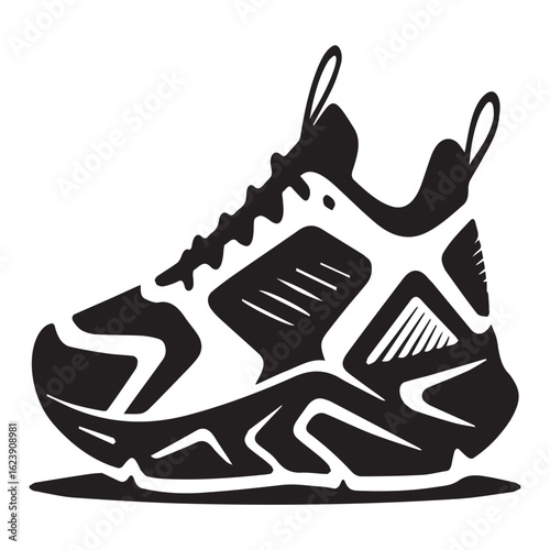 Silhouette of a modern athletic sneaker, isolated on white background, representing fitness, performance, and style in a dynamic and innovative design for running and active lifestyles