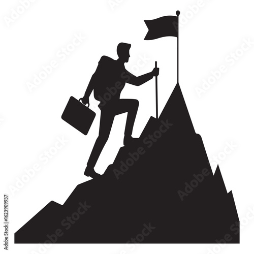 Silhouette of a businessman climbing a mountain towards a flag, symbolizing success, achievement, and the challenges of reaching goals, isolated on white background