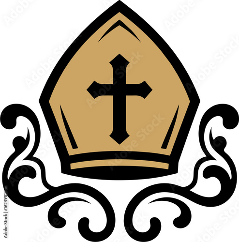 Gold and Black Bishop Mitre Vector with Cross and Ornamental Flourishes – Catholic Religious Hat Illustration