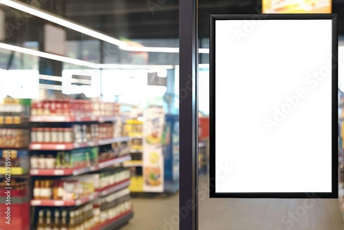 Supermarket glass door poster mockup, black frame vertical signage on store entrance window