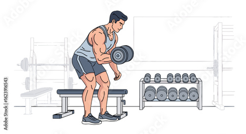 Man Training Bicep Curl Exercise in Gym with Dumbbell Bench and Weights Isolated on Transparent Background