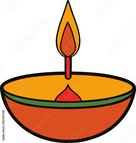 Diwali diya oil lamp with flame isolated on transparent background