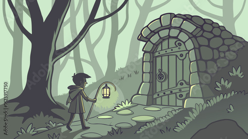 Boy with lantern near stone door