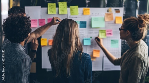 Collaboration, Brainstorming session, office, sticky notes on wall