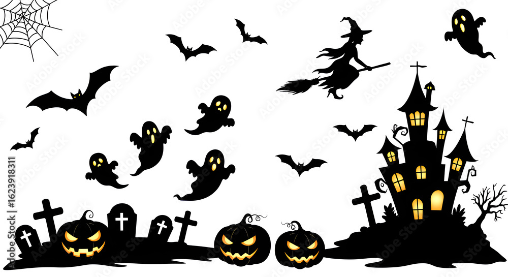 Fototapeta premium Vector illustration of Halloween with witches, ghosts, bats, pumpkins, and haunted house on white background. Spooky and fun theme for decoration and party design. 