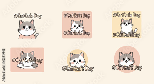 Adorable Gray and White Cartoon Cat Illustrations for Cat Cafe Day Celebration.