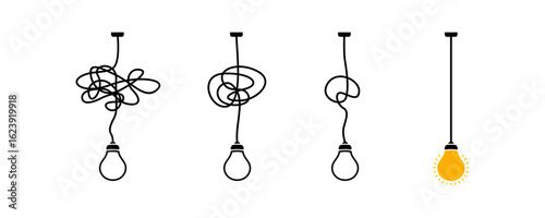 Complex complicated process easy solution, simplify problem,untangling mess knot in simple line, simplest right way, good idea concept vector
