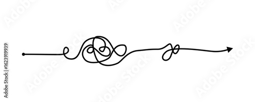 Tangled line, complex knot rests in straight line isolated vector illustration