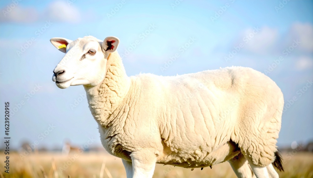 Obraz premium A single sheep stands in a field, looking to the side, bathed in sunlight.