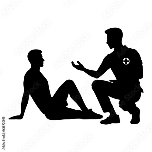 Silhouette of medic assisting injured man in sitting position