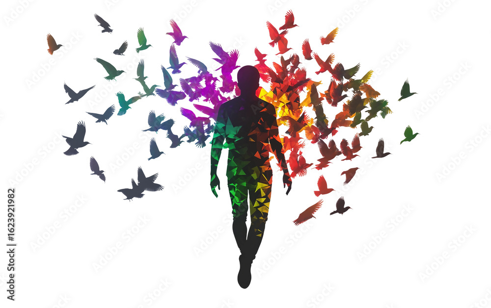 Obraz premium Floating human silhouette gradually dissolving into particles in a surreal scene isolated on transparent background PNG