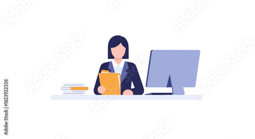 Flat Illustration of Businesswoman Holding Folder at Desk with Computer.