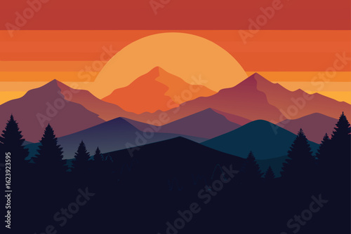 vibrant-vector-scene-of-sun-setting-behind-mountai.eps