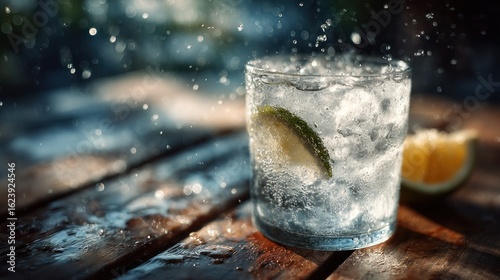 Refreshing gin and tonic with lime and ice on a rustic wooden table