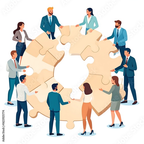 Business team collaborates on a large jigsaw puzzle