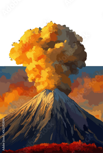 Dramatic Volcano Eruption Illustration with Vibrant Orange Smoke, Majestic Mountain Landscape and Colorful Sky at Sunset