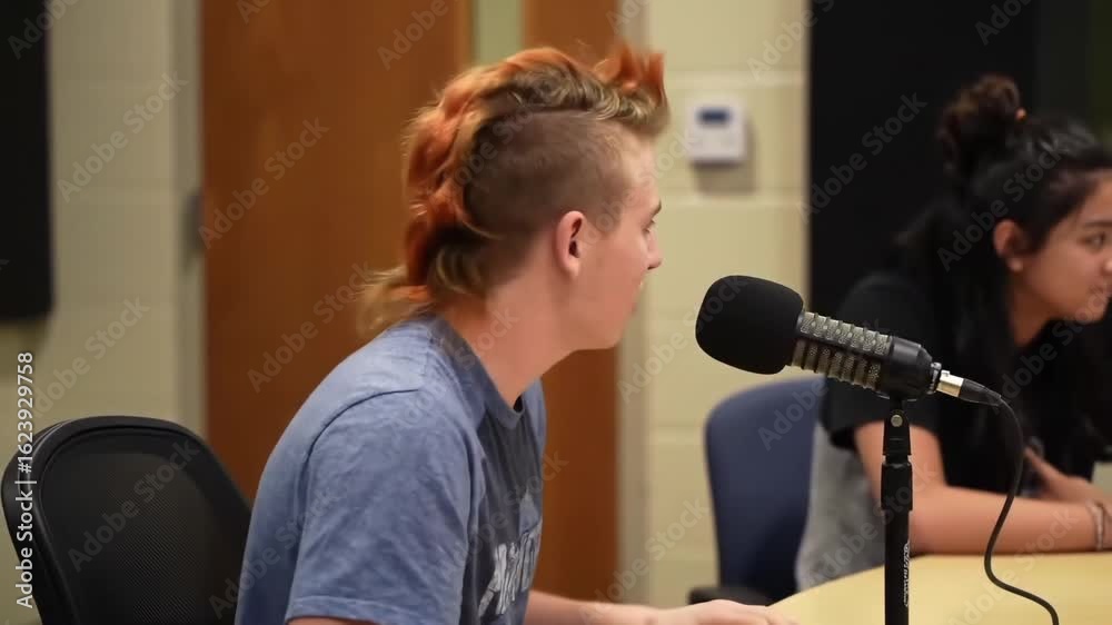 Young man with a mohawk gesturing while speaking into a microphone during a podcast session