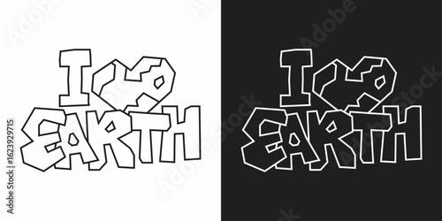 Black and White Line Art I Love Earth Icons in a Cutout Style