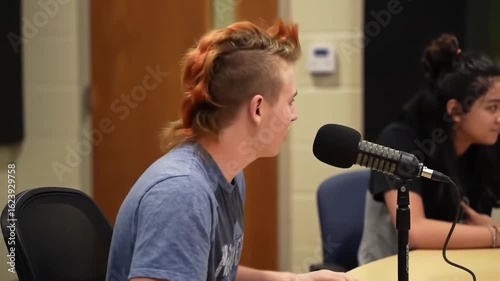 Young man with a mohawk gesturing while speaking into a microphone during a podcast session
