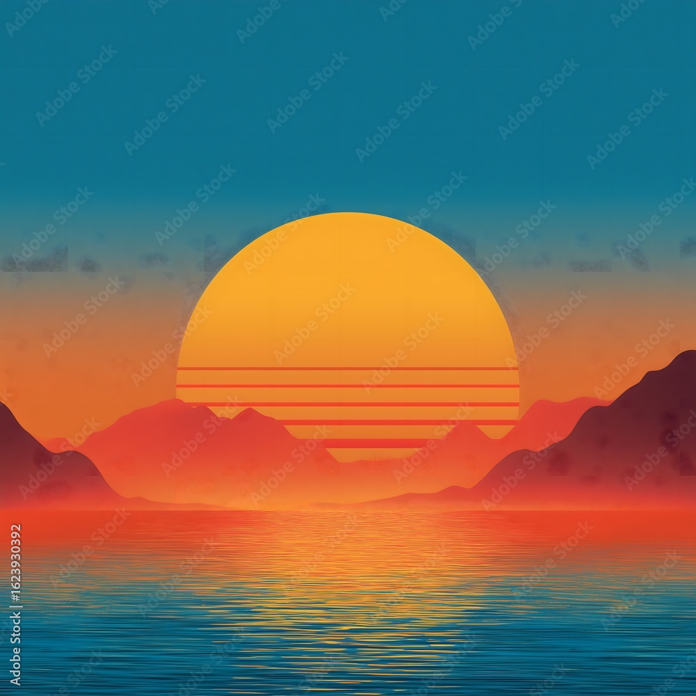 Obraz premium Retro-styled digital sunset illustration featuring a vibrant sun setting behind mountain silhouettes with reflections on calm water, evoking nostalgia, tranquility, and synthwave aesthetics.