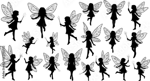 set of Cute Fairy art. Beautiful Fairies silhouette collection, Little fairies set. Hand drawn vector illustration. on white background