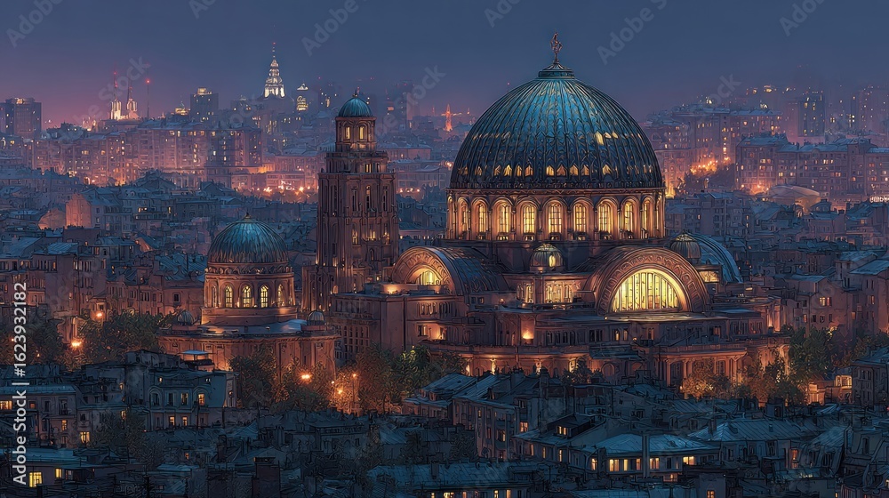Fototapeta premium Majestic urban skyline at twilight featuring grand domed architecture