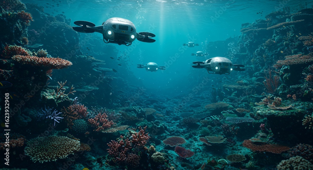 Fototapeta premium Underwater Drone Fleet Navigating Ocean Floor with Coral Reefs for Delivery